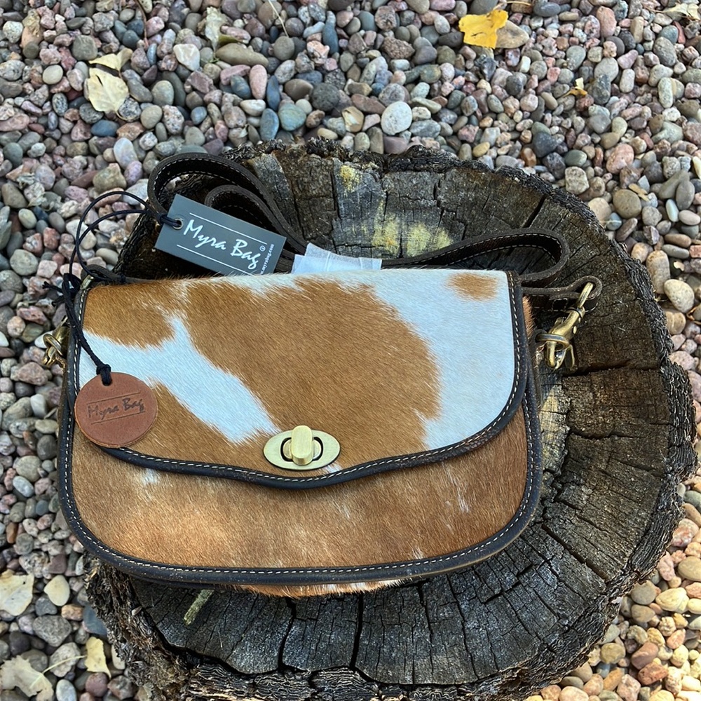 NWT MYRA BAG “Angus Ridge” Leather & Hair On Bag with Strap. Brown and White.